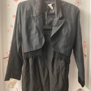 TANGENTS Y2K Cropped Satin Blazer & Beaded Fringe MiniSkirt Black 2‑PieceOutfit